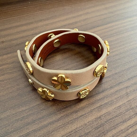 Tory Burch Double Wrap Studded Leather Bracelet – Gold Logo Hardware Taupe - Picture 1 of 5